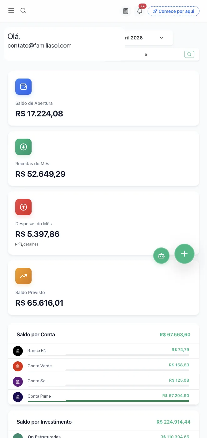 Dashboard real do Orbyra com visão geral das finanças da família