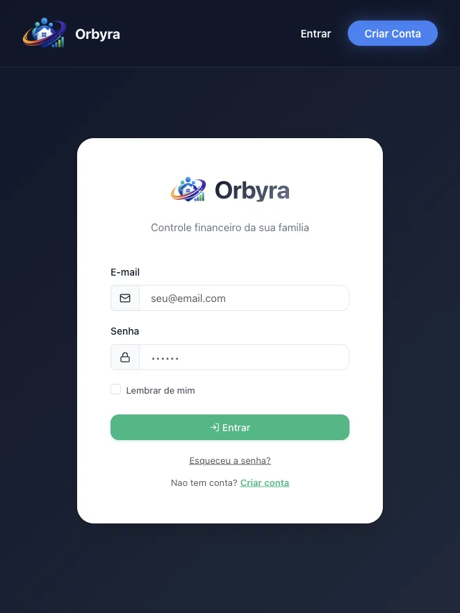 Tela de login do Orbyra em versão mobile