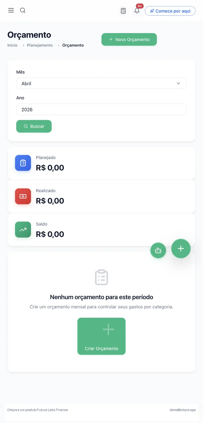 Tela de orçamento do Orbyra com visão planejado, realizado e saldo